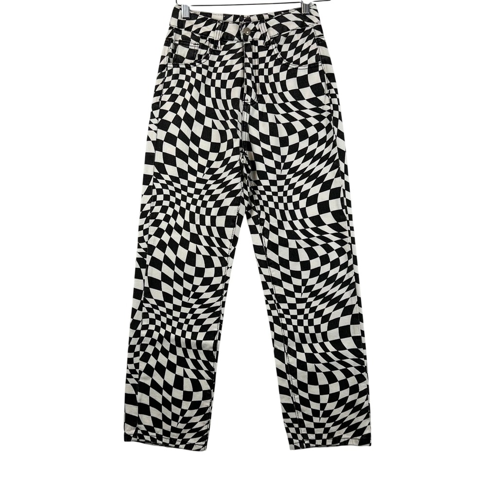 Princess Polly Boho Checkered Print Jeans High Waist Straight Leg Black White 4‎